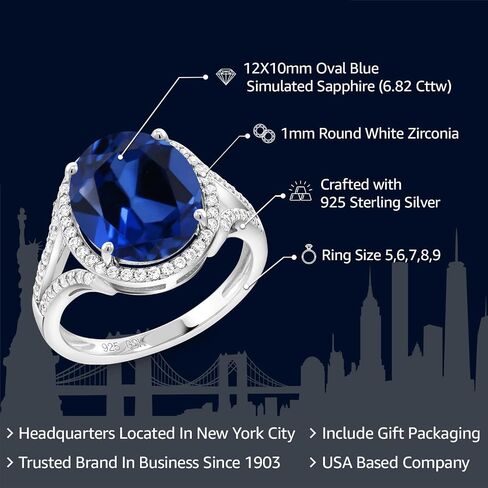 Gem Stone King 925 Sterling Silver Blue Simulated Sapphire Engagement Ring For Women (6.82 Cttw, Oval 12X10MM, Available 5,6,7,8,9) in Saudi Arabia