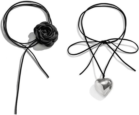 كيس وايف مجموعة من قطعتين من قلادة شوكر على شكل زهرة سوداء وقلب حب كبير، قلادة مخملية طويلة قابلة للتعديل، للحفلات التنكرية وحفلات الزفاف، مجوهرات عصرية للنساء والفتيات، مخملي، بدون احجار كريمة in Kuwait
