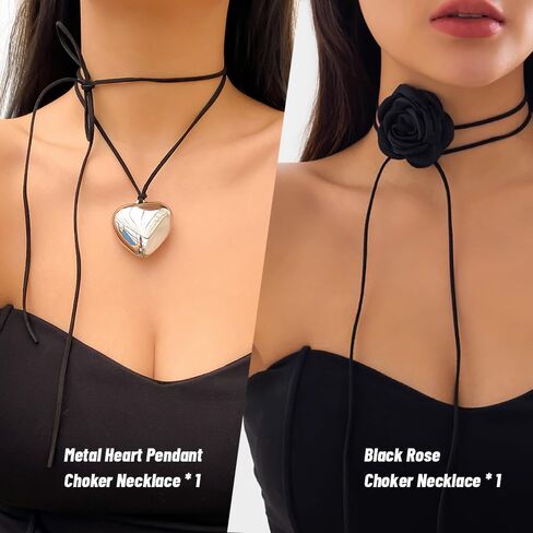 كيس وايف مجموعة من قطعتين من قلادة شوكر على شكل زهرة سوداء وقلب حب كبير، قلادة مخملية طويلة قابلة للتعديل، للحفلات التنكرية وحفلات الزفاف، مجوهرات عصرية للنساء والفتيات، مخملي، بدون احجار كريمة in Kuwait