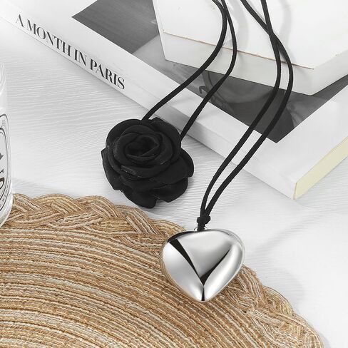 كيس وايف مجموعة من قطعتين من قلادة شوكر على شكل زهرة سوداء وقلب حب كبير، قلادة مخملية طويلة قابلة للتعديل، للحفلات التنكرية وحفلات الزفاف، مجوهرات عصرية للنساء والفتيات، مخملي، بدون احجار كريمة in Kuwait