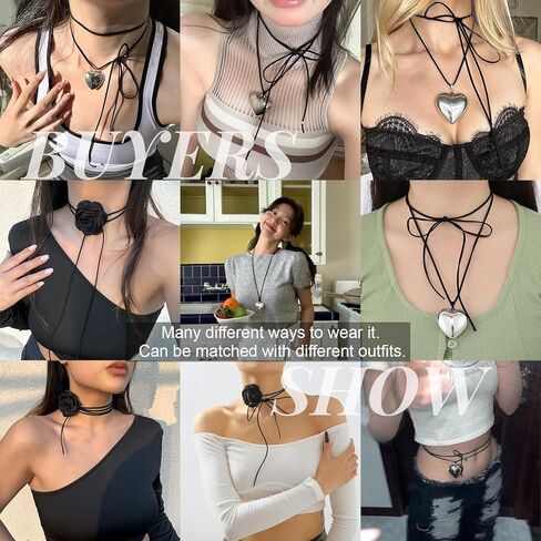 كيس وايف مجموعة من قطعتين من قلادة شوكر على شكل زهرة سوداء وقلب حب كبير، قلادة مخملية طويلة قابلة للتعديل، للحفلات التنكرية وحفلات الزفاف، مجوهرات عصرية للنساء والفتيات، مخملي، بدون احجار كريمة in Kuwait