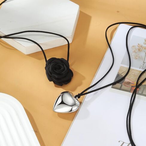 كيس وايف مجموعة من قطعتين من قلادة شوكر على شكل زهرة سوداء وقلب حب كبير، قلادة مخملية طويلة قابلة للتعديل، للحفلات التنكرية وحفلات الزفاف، مجوهرات عصرية للنساء والفتيات، مخملي، بدون احجار كريمة in Kuwait