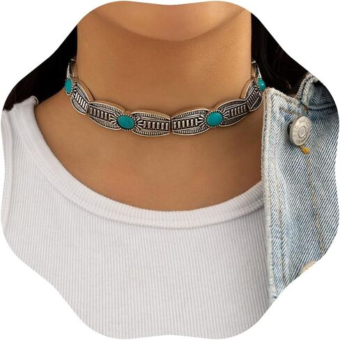 Vcagirest Vintage Turquoise Necklace Boho Turquoise Choker Necklace Personalize Boho Necklace Thick Collarbone Choker Chain Jewelry for Women and Girls, Zinc, No Gemstone in Kuwait