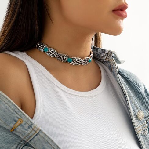 Vcagirest Vintage Turquoise Necklace Boho Turquoise Choker Necklace Personalize Boho Necklace Thick Collarbone Choker Chain Jewelry for Women and Girls, Zinc, No Gemstone in Kuwait