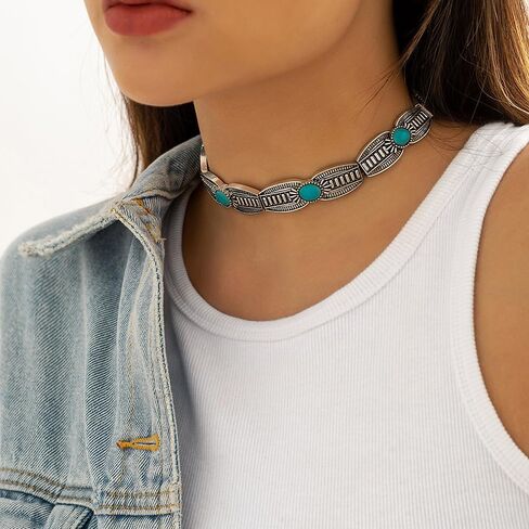 Vcagirest Vintage Turquoise Necklace Boho Turquoise Choker Necklace Personalize Boho Necklace Thick Collarbone Choker Chain Jewelry for Women and Girls, Zinc, No Gemstone in Kuwait