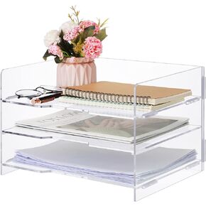 Zubebe Acrylic Stackable Letter Tray, 12.6 x 8.66 x 8.27 Inches, Clear, Detachable 3 Tier Desk Organizer for Office, Classroom, Home