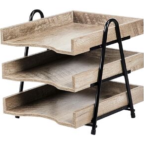 HOYRR Wood Desk Organizer, 3-Tier Wood Paper Tray, Rustic Office Supplies Organizer, Brown, 12.6 x 10.2 x 12 inches