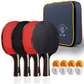 Ping Pong Paddles Set of 4, 5-Layer Table Tennis Paddles with 8 Balls and Carrying Case Soft Sponge Rubber Table Tennis Rackets and 3-Star 40mm Balls for Indoor and Outdoor Playing