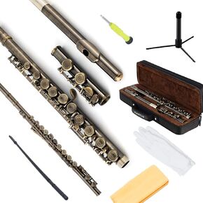 EASTROCK Silver Plated C Flute Closed Hole 16 Keys Flute Instrument with Curved Head Joint Mouthpiece Replacement,Cleaning Kit,Stand,Carrying Case,Gloves,Tuning Rod for Beginners Kids Students