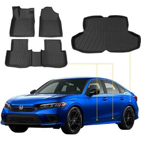 Floor Mats Compatible with 2022 2023 2024 Honda Civic Hatchback Cargo Mat Liner TPE Trunk Mat Back Seat Cover Protector Civic Hatchback Accessories (Backrest Mats+Trunk Mat+Floor Mats)