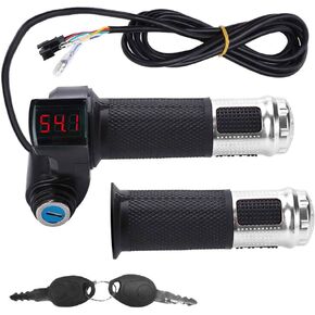 1Pair E-Bike Throttle Grip,12-84V Universal Electric Bicycle Scooter Wire Twist Throttle Grip with LCD Battery Voltage Display Key Knock