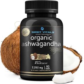 Organic Ultra High Strength Ashwagandha Root 2250mg with Organic MCT Oil Powder & Black Pepper – 90 Vegan Capsules