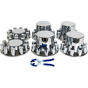 33mm Chrome ABS Flat Top Hub Cover Kit Axle Cover with 33mm Thread-on Lug Nut Covers 2 Front and 4 Rear Axle Wheel Covers and Removable Center Caps for Semi Trucks, Trailer