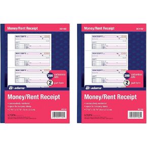 Adams Money and Rent Receipt Book, 2-Part, Carbonless, White/Canary, 7-5/8" x 10-7/8", Bound Wraparound Cover, 200 Sets per Book, 4 Receipts per Page (DC1182),2 Pack