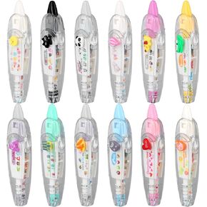 12pcs Animal Press Type Decorative Pen, 12 Styles Cartoon White Out Pocket Tape Pen Cute Lace Correction Tape Roller Pen for DIY Craft Diary Scrapbooking Class Rewards