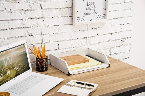 MyGift Vintage White Desktop Letter Tray, Wood Inbox Holder with Antique Corner Accents - Desk Paper File Folder Organizer Box in Saudi Arabia