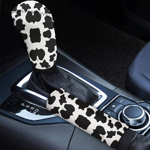 2 Pack No Slip Handbrake Cover Set with Gear Shift Cover,Cow Print White & Black Gear Shifter Cover,Update Your Car Interior Gift in Saudi Arabia