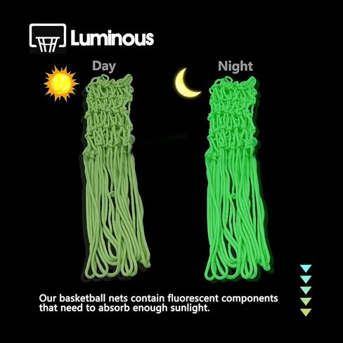 VANVENE استبدال شبكة كرة السلة المضيئة، شبكة هدف كرة السلة شديدة التحمل ومضادة للسوط تتوهج في الظلام، 12 حلقة تناسب الحجم القياسي لحواف دائرية داخلية أو خارجية، نايلون وأخضر in Kuwait
