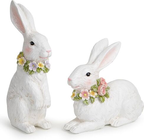 مجموعة تمثال أرنب Hodao Spring Garden Patio Bunny (قطعتان) اللمسة المثالية لديكور رائع لأرنب عيد الفصح في الحديقة وديكورات المنزل الداخلية (أبيض) in Kuwait