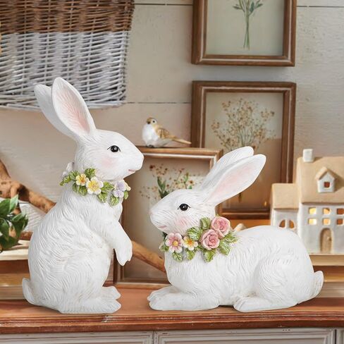 مجموعة تمثال أرنب Hodao Spring Garden Patio Bunny (قطعتان) اللمسة المثالية لديكور رائع لأرنب عيد الفصح في الحديقة وديكورات المنزل الداخلية (أبيض) in Kuwait
