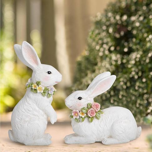 مجموعة تمثال أرنب Hodao Spring Garden Patio Bunny (قطعتان) اللمسة المثالية لديكور رائع لأرنب عيد الفصح في الحديقة وديكورات المنزل الداخلية (أبيض) in Kuwait