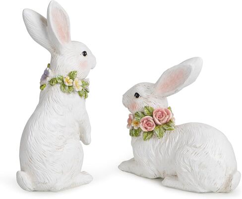 مجموعة تمثال أرنب Hodao Spring Garden Patio Bunny (قطعتان) اللمسة المثالية لديكور رائع لأرنب عيد الفصح في الحديقة وديكورات المنزل الداخلية (أبيض) in Kuwait