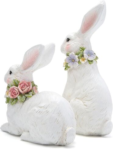 مجموعة تمثال أرنب Hodao Spring Garden Patio Bunny (قطعتان) اللمسة المثالية لديكور رائع لأرنب عيد الفصح في الحديقة وديكورات المنزل الداخلية (أبيض) in Kuwait