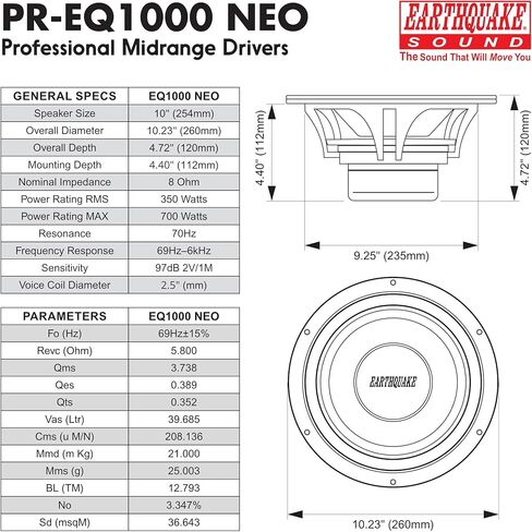 مكبر صوت Earthquake Sound PR-EQ1000 NEO مقاس 10 بوصات متوسط ​​المدى 8 أوم مع محرك نيوديميوم - 700 وات بحد أقصى، 350 وات RMS (زوج) in Kuwait