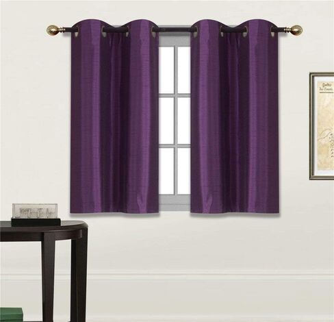 Fancy Linen 2 Panel Faux Silk Blackout Curtain Set Solid Dark Purple with Grommet Top Room Darkening Short Tier Drapes for Kitchen, Bathroom or Any Small Window New in Saudi Arabia