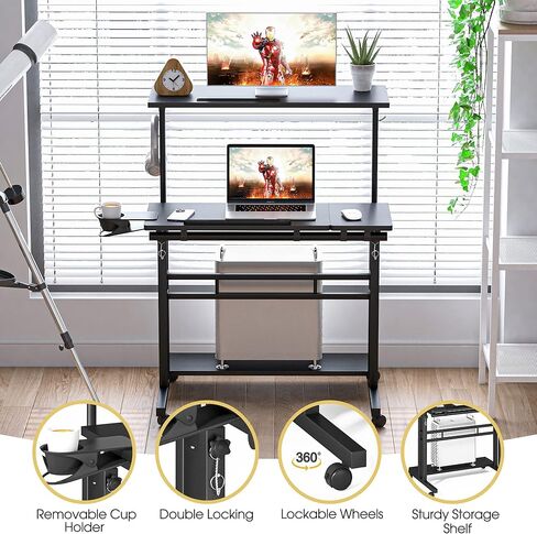 مكتب متنقل مع 3 أجهزة كمبيوتر مكتبية، مكتب قابل للتعديل بعجلات وحامل أكواب - مكتب كمبيوتر محمول مثالي للمكتب المنزلي ومكتب كمبيوتر محمول للمساحات الصغيرة in Kuwait