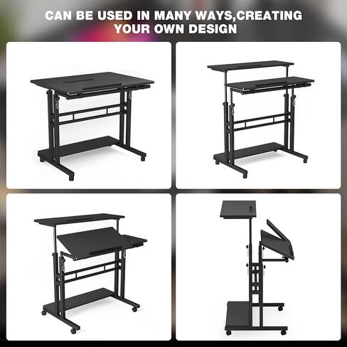 مكتب متنقل مع 3 أجهزة كمبيوتر مكتبية، مكتب قابل للتعديل بعجلات وحامل أكواب - مكتب كمبيوتر محمول مثالي للمكتب المنزلي ومكتب كمبيوتر محمول للمساحات الصغيرة in Kuwait