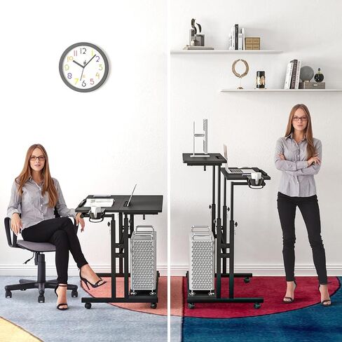 مكتب متنقل مع 3 أجهزة كمبيوتر مكتبية، مكتب قابل للتعديل بعجلات وحامل أكواب - مكتب كمبيوتر محمول مثالي للمكتب المنزلي ومكتب كمبيوتر محمول للمساحات الصغيرة in Kuwait