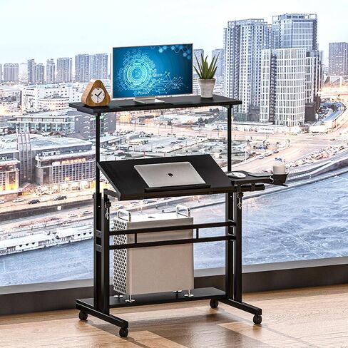 مكتب متنقل مع 3 أجهزة كمبيوتر مكتبية، مكتب قابل للتعديل بعجلات وحامل أكواب - مكتب كمبيوتر محمول مثالي للمكتب المنزلي ومكتب كمبيوتر محمول للمساحات الصغيرة in Kuwait