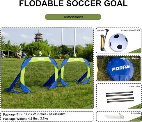 Porayhut Pop up Soccer Goal and Ball Sets, Portable Soccer Net for Training,Set of 2, Easy Assembly with Compact Carrying Bag,Gift for Kids with Pump and 8 Stakes in Saudi Arabia