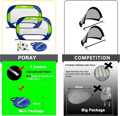 Porayhut Pop up Soccer Goal and Ball Sets, Portable Soccer Net for Training,Set of 2, Easy Assembly with Compact Carrying Bag,Gift for Kids with Pump and 8 Stakes in Saudi Arabia