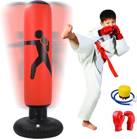 كيس ملاكمة قابل للنفخ للأطفال، كيس ملاكمة قائم بذاته مع حامل، كيس ملاكمة مقاس 63 بوصة مع مضخة هواء وقفازات ملاكمة للكاراتيه وكيك بوكسينغ، معدات التمرين، هدية للأولاد والبنات in Kuwait