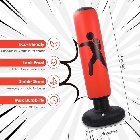 كيس ملاكمة قابل للنفخ للأطفال، كيس ملاكمة قائم بذاته مع حامل، كيس ملاكمة مقاس 63 بوصة مع مضخة هواء وقفازات ملاكمة للكاراتيه وكيك بوكسينغ، معدات التمرين، هدية للأولاد والبنات in Kuwait