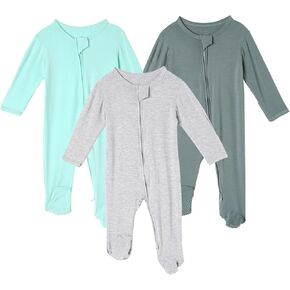 DEFAHN 3Pcs Viscose from Bamboo Baby Footless Pajamas with Mittens Double Zipper Jumpsuit Long Sleeve Jumpsuit 0-24Month