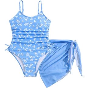 Milumia Girl's Ditsy Floral One Piece Swimsuit Ruched Spaghetti Strap Bathing Suit with Coverup Skirt