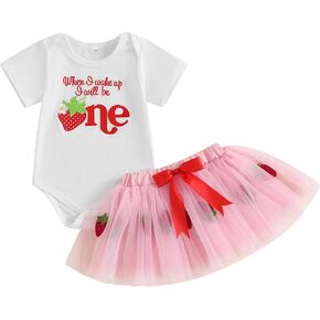 Baby Girl First Birthday Outfit One Fly Sleeve Romper and Tutu Skirts Set with Headband Baby My 1st Birthday Clothes
