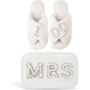 Bride Slippers, Bride Jewelry Box, Bridal Shower Gifts for Wedding Day, White Fuzzy Bride Slippers Bride Gifts Wedding Gifts Bachelorette Party Engagement Present
