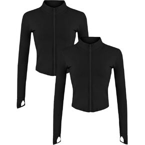 Gihuo Women's 2 Pack Athletic Yoga Jacket Cropped Full Zip Jackets Long Sleeve Lightweight Workout Tops with Thumb Holes