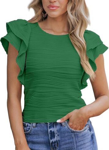 SHEWIN Womens Tops Casual Crewneck Ruffle Short Sleeve T Shirts Slim Fit Dressy Blouses in Saudi Arabia