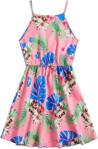 فستان OYOANGLE للفتيات الكاجوال بوهو مطبوع عليه زهور بدون أكمام على شكل حرف A سوينغ كامي هاواي فستان الشمس in Kuwait