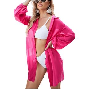 Verdusa Women's Button Front Cover Up Puff Sleeve Blouse Sheer Swimsuit Kimono Shirts