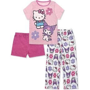 Hello Kitty Girls Pajama Set - 3 Piece Pants, T-Shirt & Shorts - Sleepwear PJ Set for Kids, Toddler Girl Pajamas