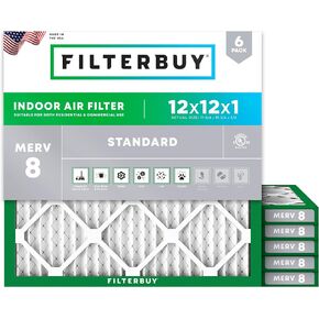 Filterbuy 12x12x1 Air Filter MERV 8 Dust Defense (6-Pack), Pleated HVAC AC Furnace Air Filters Replacement (Actual Size: 11.69 x 11.69 x 0.75 Inches)