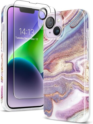 GVIEWIN Marble for iPhone 13 Case, with Screen Protector & Camera Lens Protector, [10FT Military Grade Drop Protection] Slim TPU Phone Case Cover Women for iPhone 13 6.1" 2021 (Flowing Sakura/Pink) in Kuwait