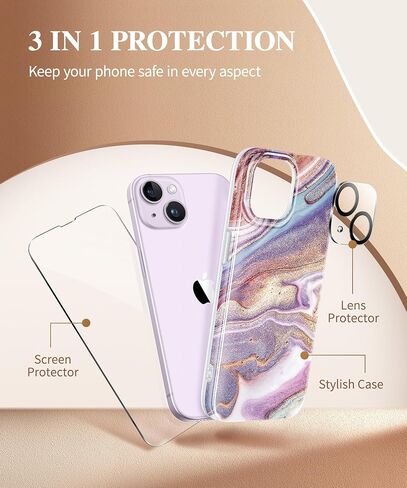 GVIEWIN Marble for iPhone 13 Case, with Screen Protector & Camera Lens Protector, [10FT Military Grade Drop Protection] Slim TPU Phone Case Cover Women for iPhone 13 6.1" 2021 (Flowing Sakura/Pink) in Kuwait