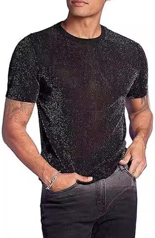 Men's Sheer See Through Mesh Tee Glitter Button Front Short Sleeve T-Shirt Tops in Kuwait